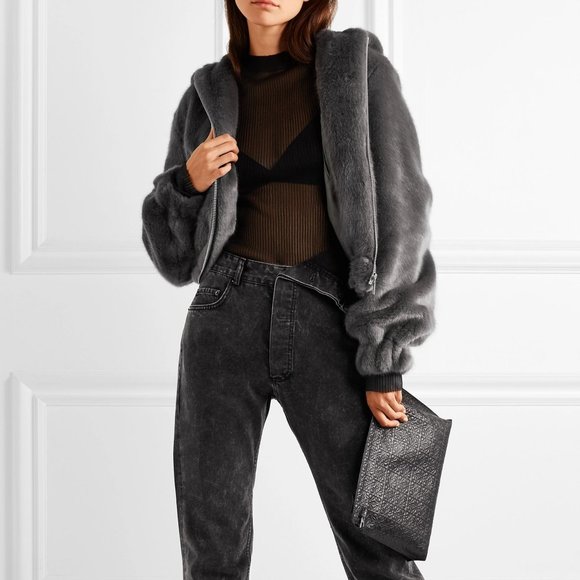 HELMUT LANG MINK GREY FAUX FUR HOODED BOMBER  S - Picture 2 of 10